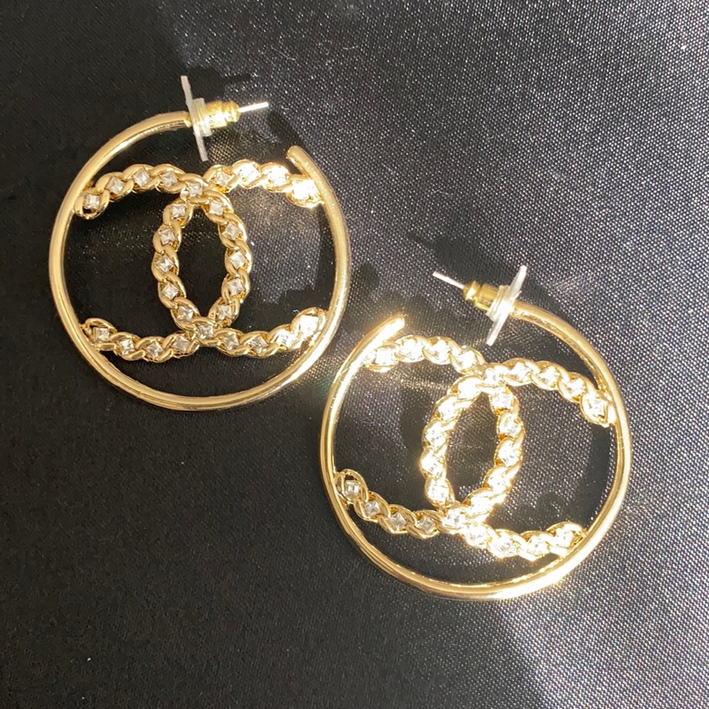 Rhinestone double C gold hoops
